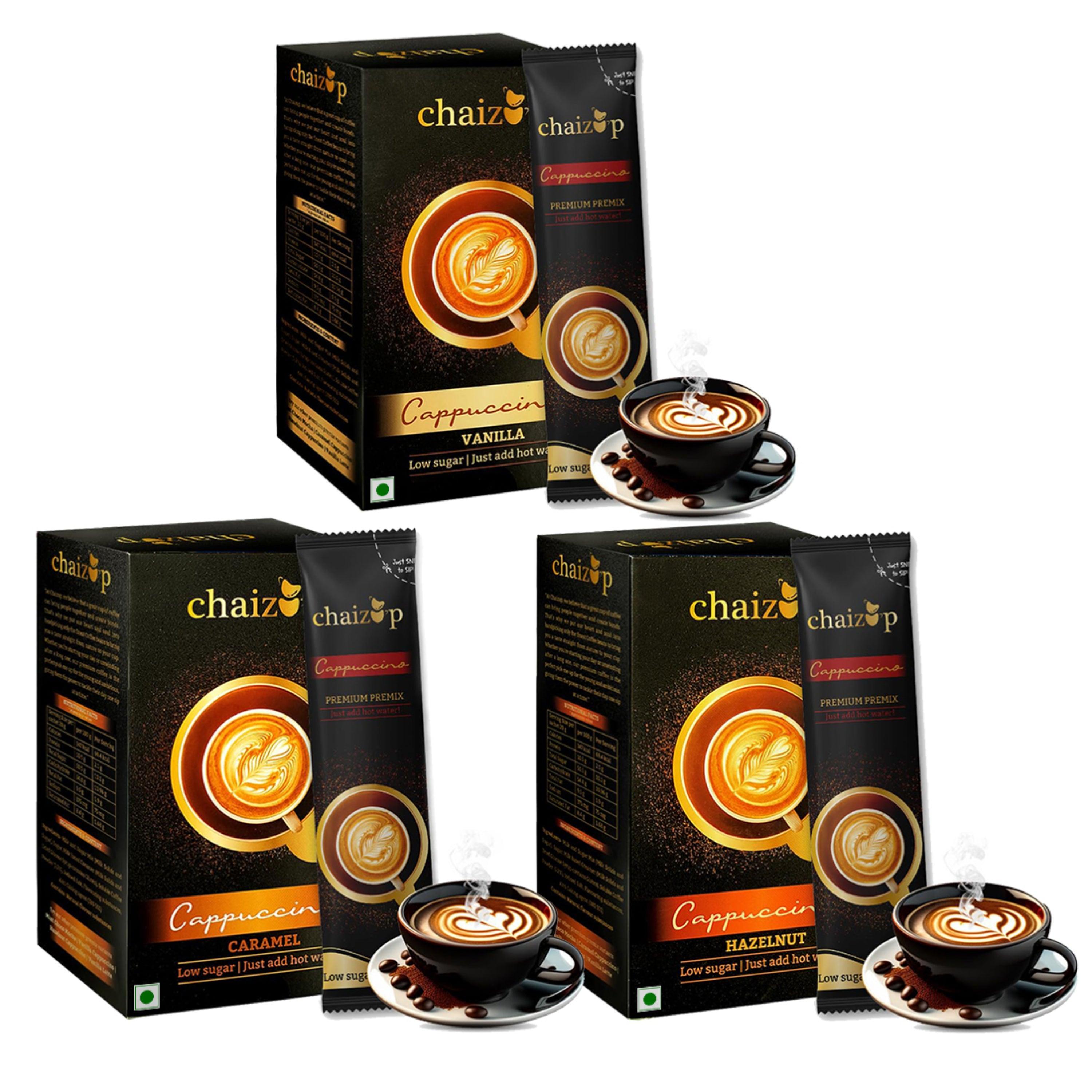 Chaizup Premium 1 Min Instant Assorted Coffee Pack - 18 Sachets | Caramel, Hazelnut & Vanilla Flavours | 18 Servings | 3 Packs (6 Flavours Each) | 360g